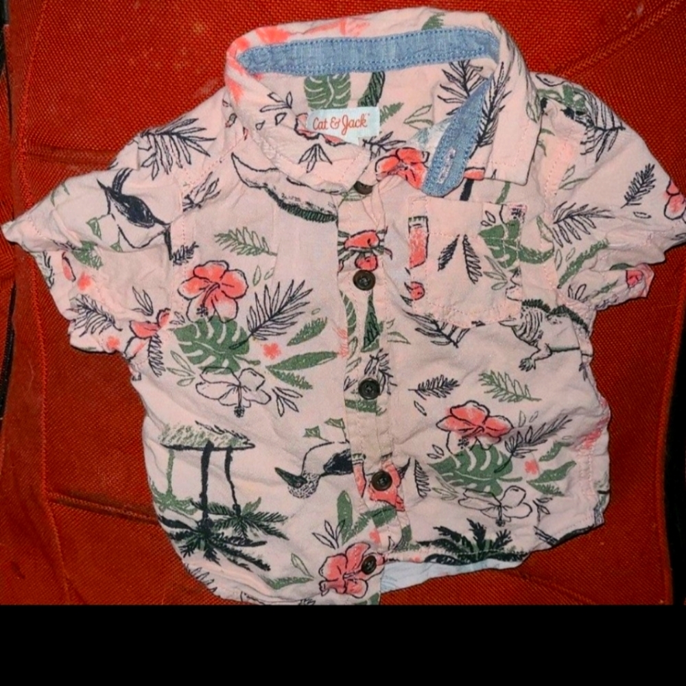 Baby boys flamingo themed. breezy shirt..w/ a demin rim around the collar.